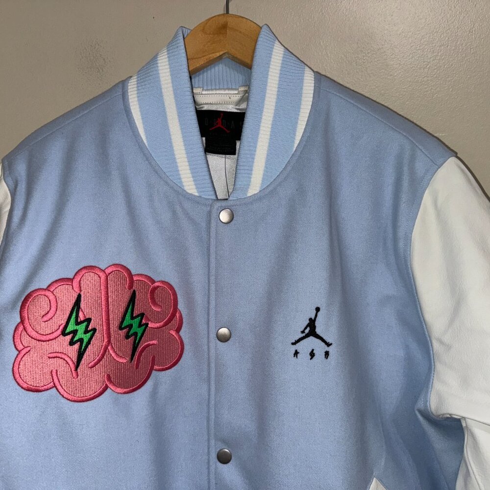 Jordan x J Balvin Varsity Jacket Leather Sleeve Snap Men's Size L DX1734-441 NEW - Picture 2 of 12